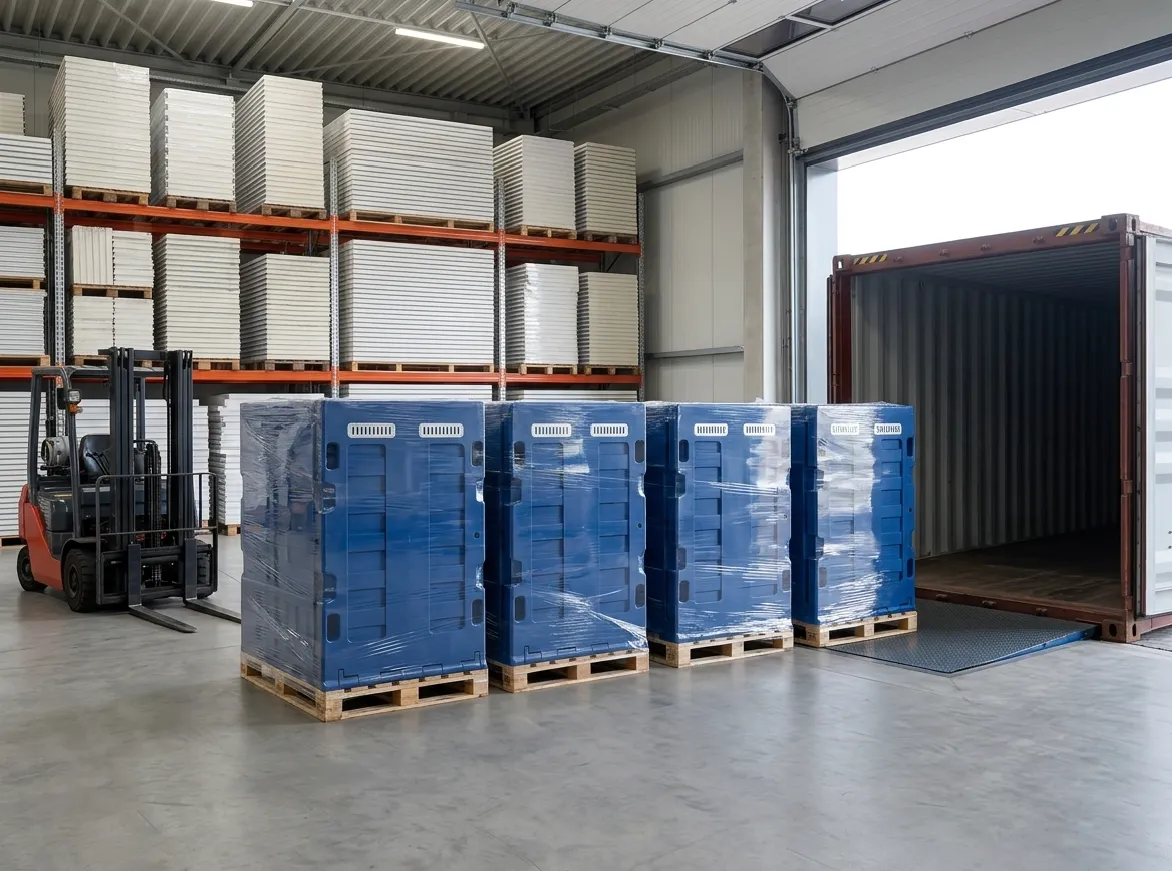 Insulated panels and cold room components ready for loading