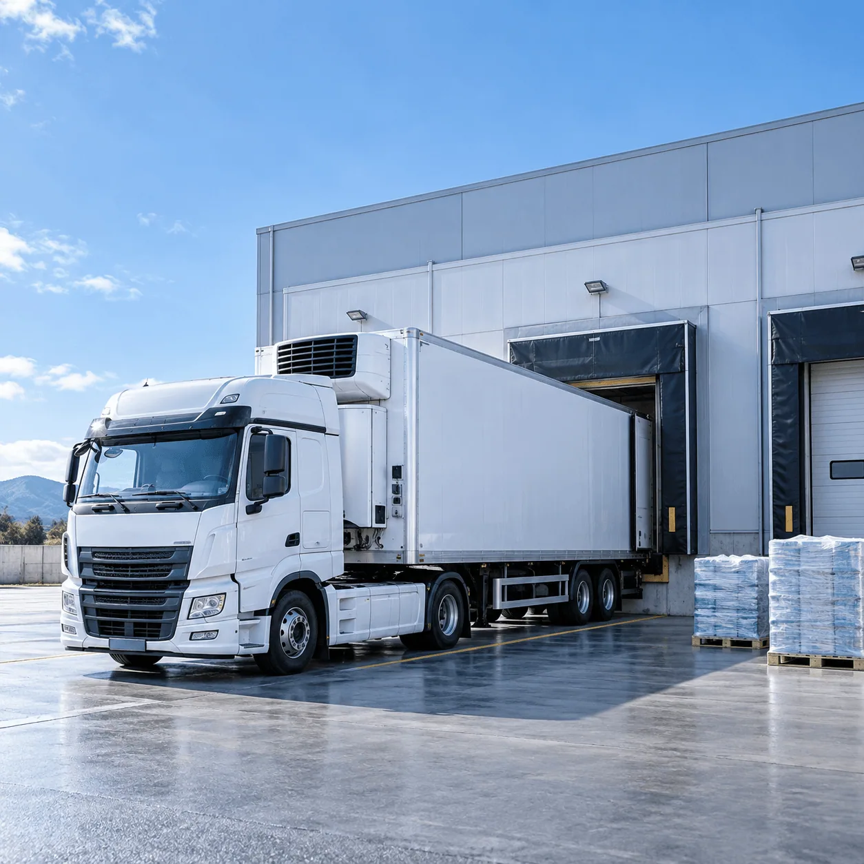 Refrigerated truck docked at a cold-chain distribution warehouse