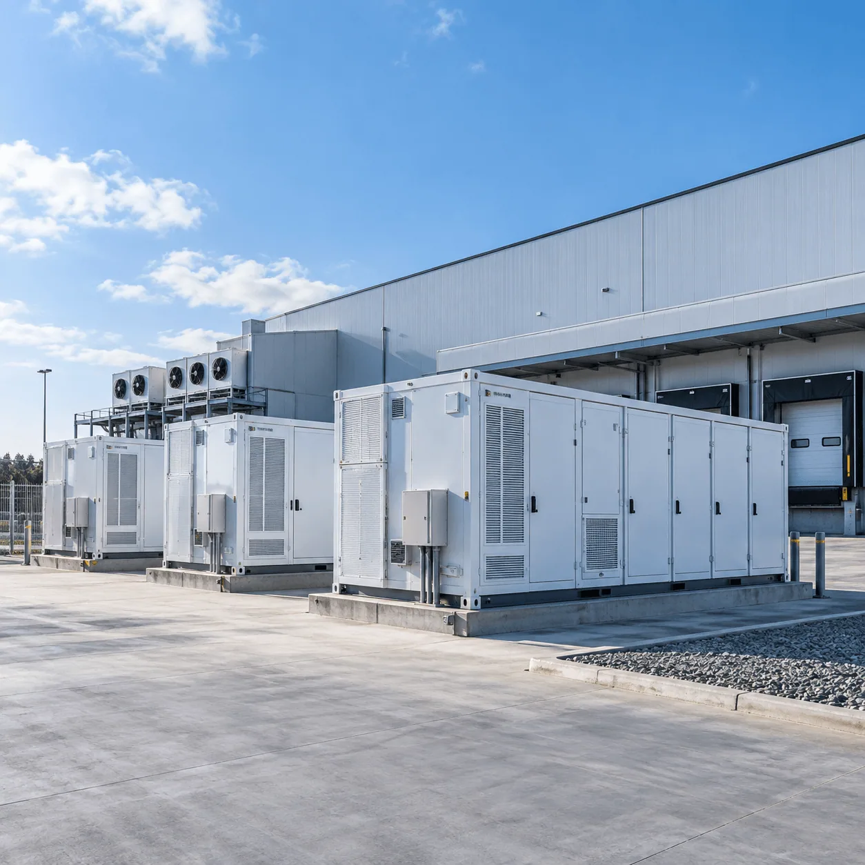 Containerized energy storage cabinets beside a logistics warehouse