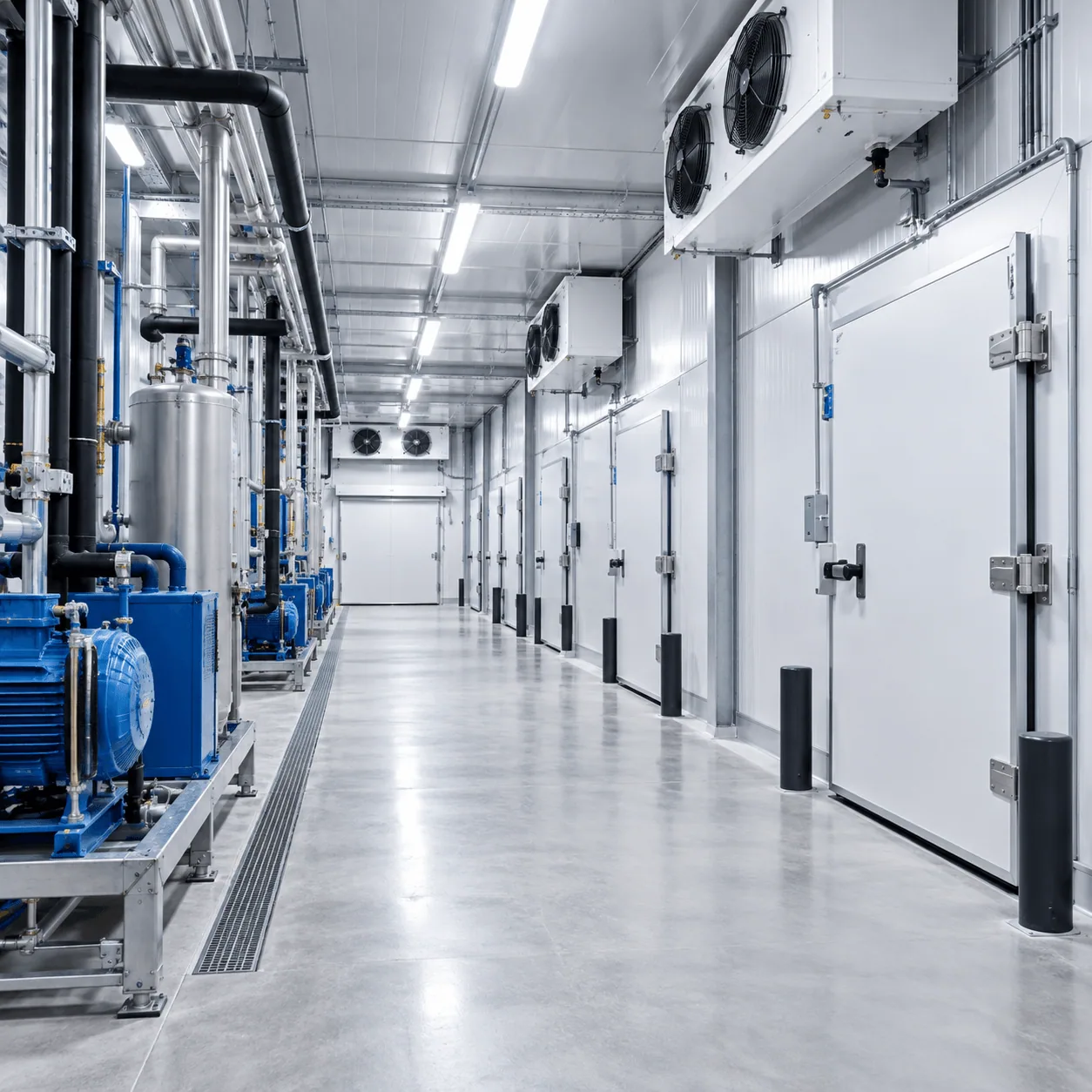 Cold storage corridor with insulated doors, evaporators and refrigeration compressors