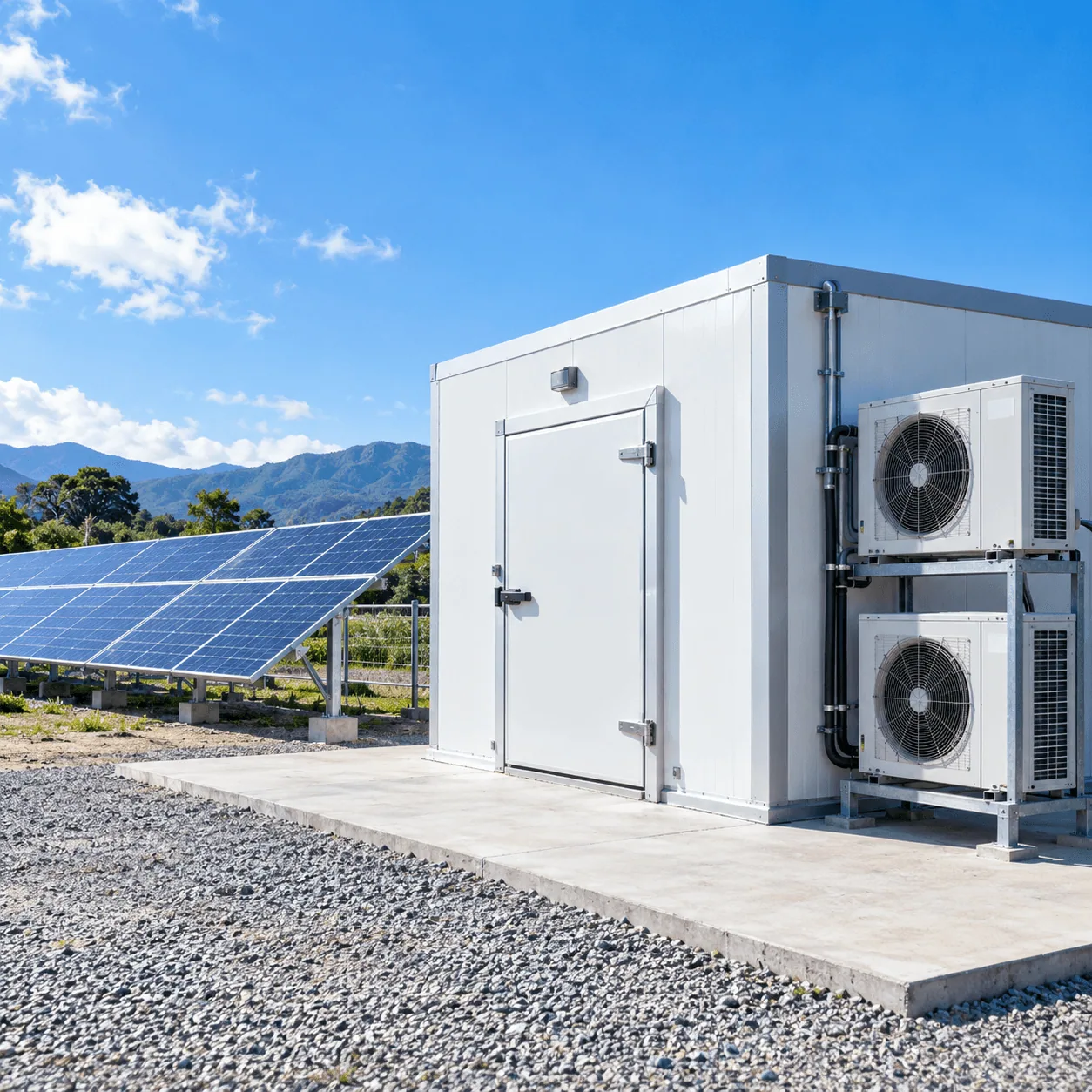Solar panels beside a containerized cold room with refrigeration units