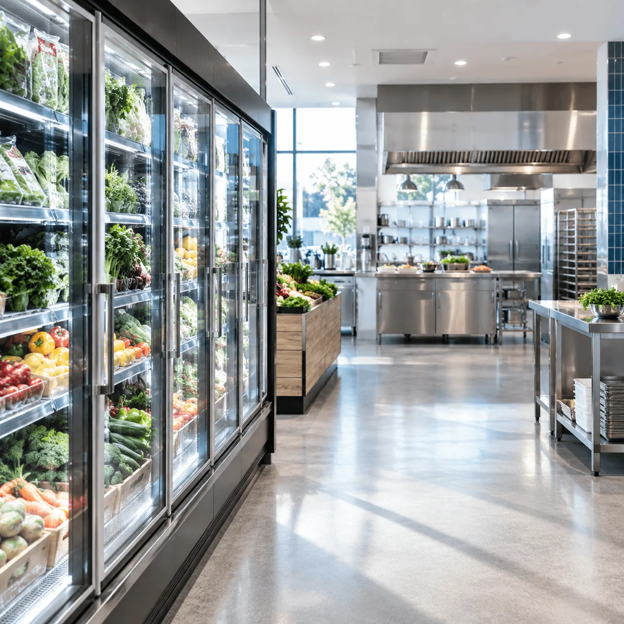 Glass-door display refrigeration in a supermarket beside a professional commercial kitchen