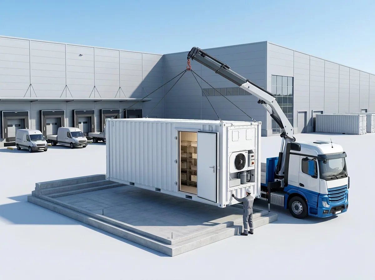 Containerized cold room being crane-lifted onto a concrete base at a distribution site
