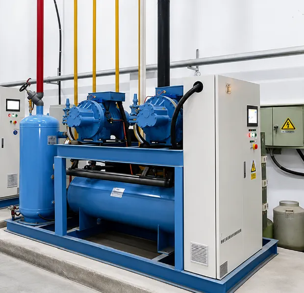 Refrigeration plant room with screw compressor sets