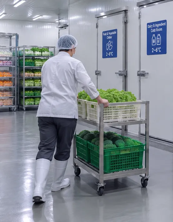 Operator picking vegetables in a chilled storage room
