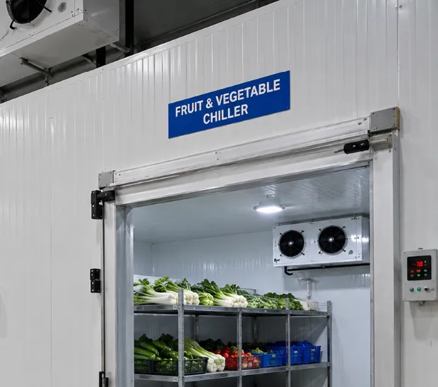 Produce cold room with stainless steel shelving