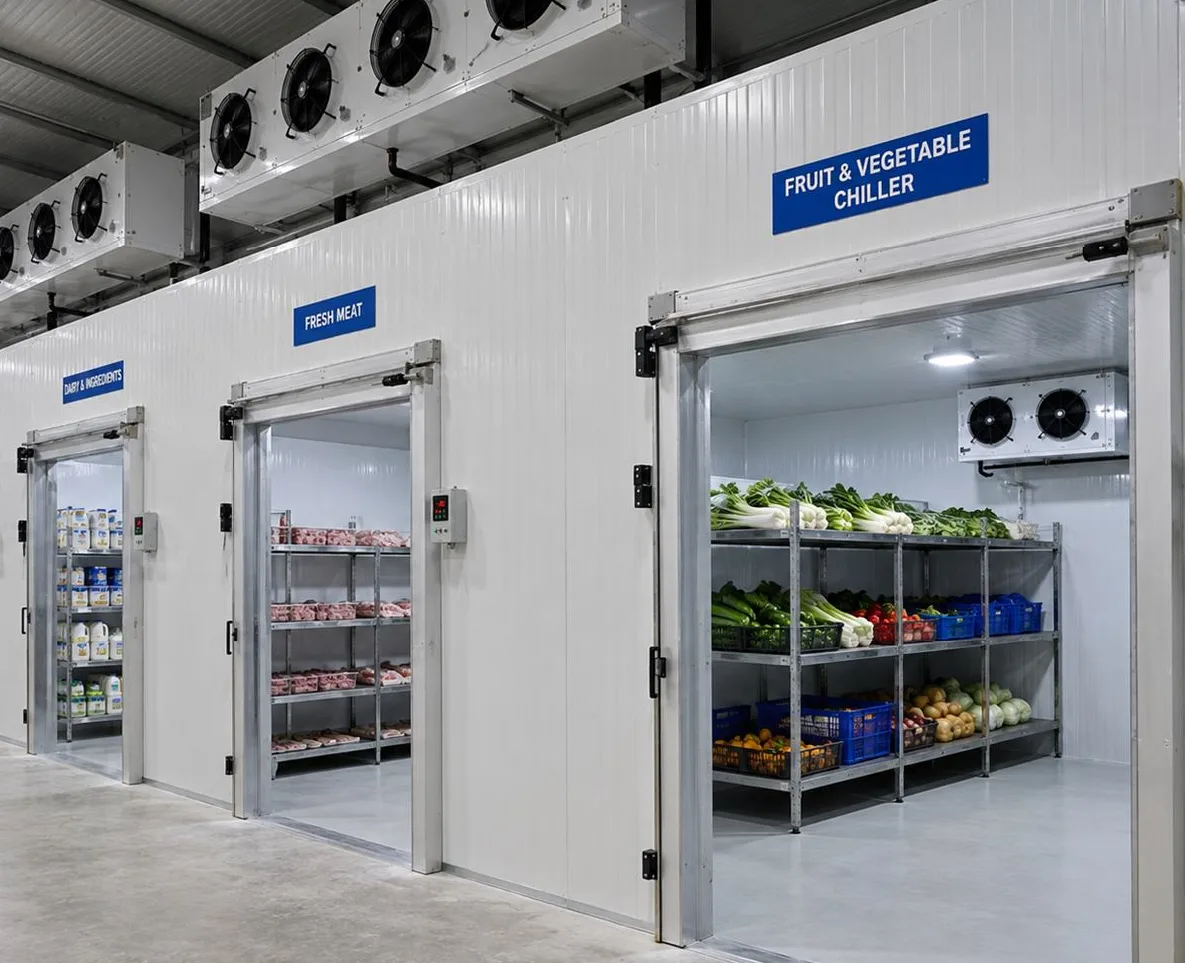 Meat cold storage rooms with fresh meat and chilled product
