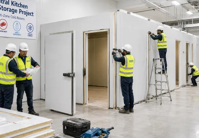 Engineers assembling a cold room on site
